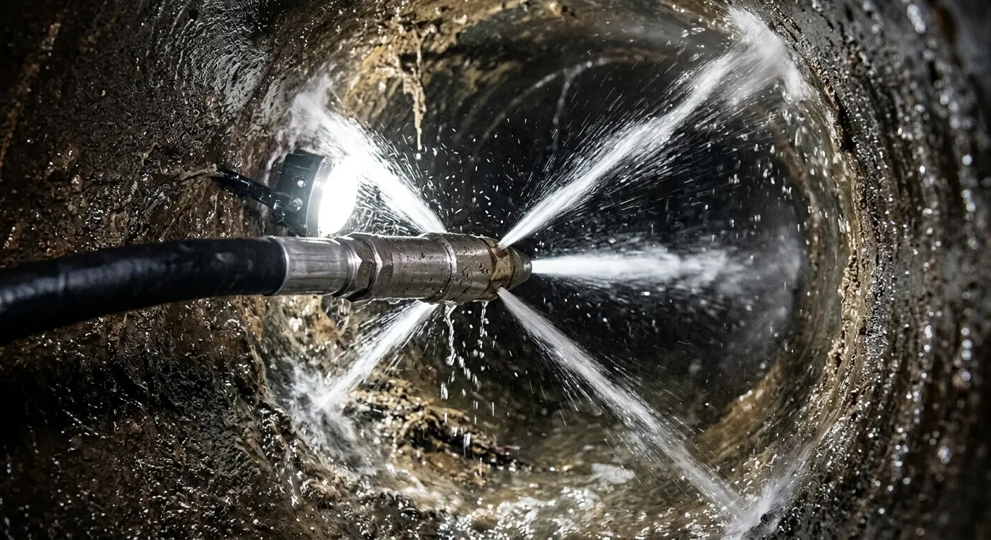 High-pressure hydro jetting nozzle cleaning sewer pipe for Sewer Cleanout in Irondale