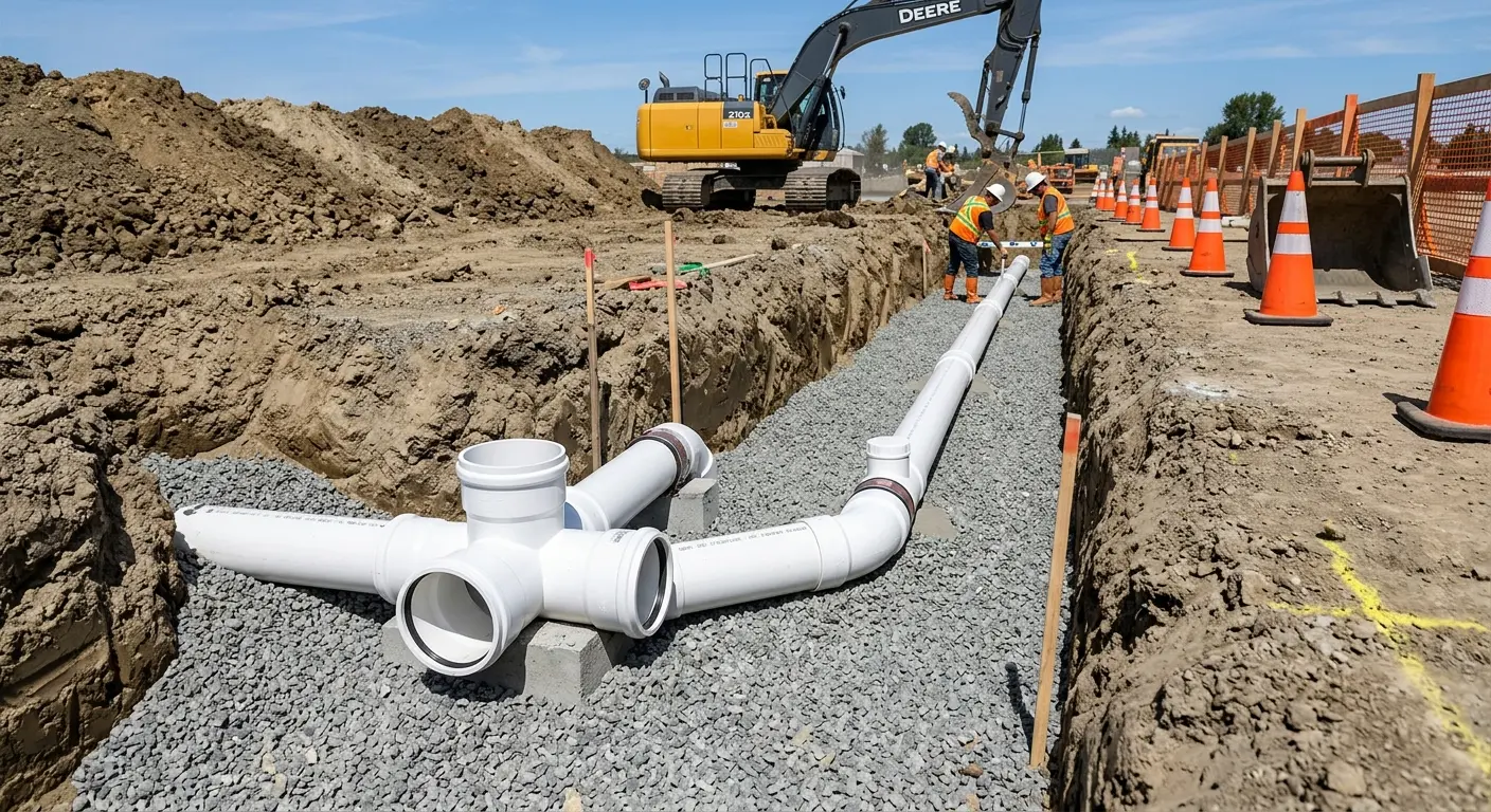 New PVC sewer pipe installation in open trench for Commercial Drain Cleaning in Irondale
